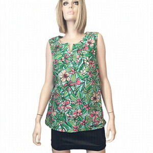 TALBOTS Floral Print Blouse Top Cotton Green Watermelon Sleeveless Tunic Tank